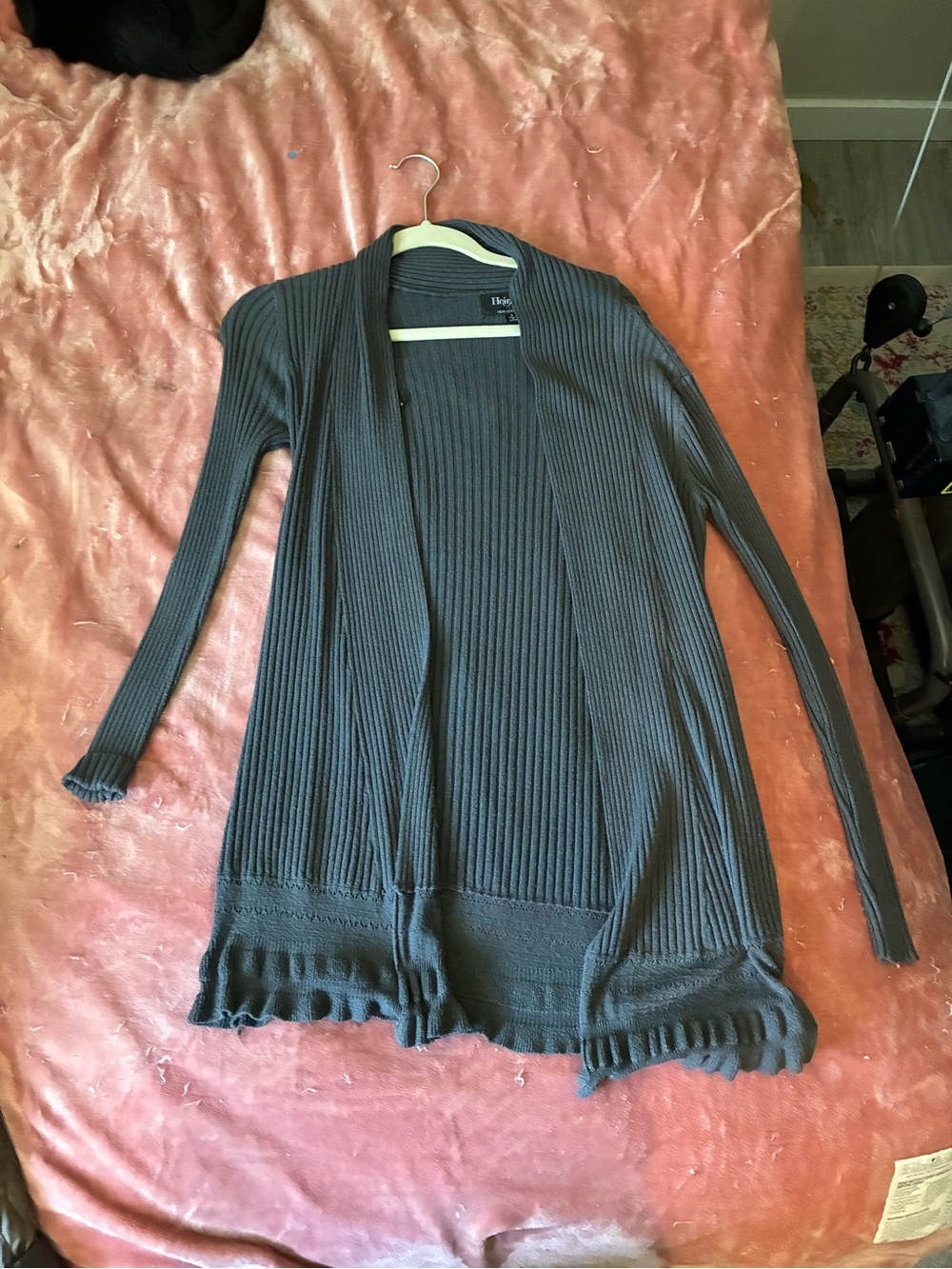 Ribbed Open-Front Cardigan with Ruffle Hem - Charcoal